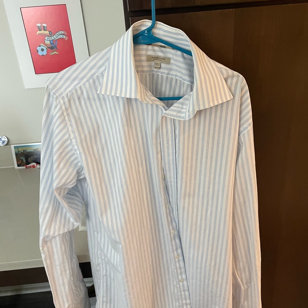 Men's White and Blue Striped Shirt